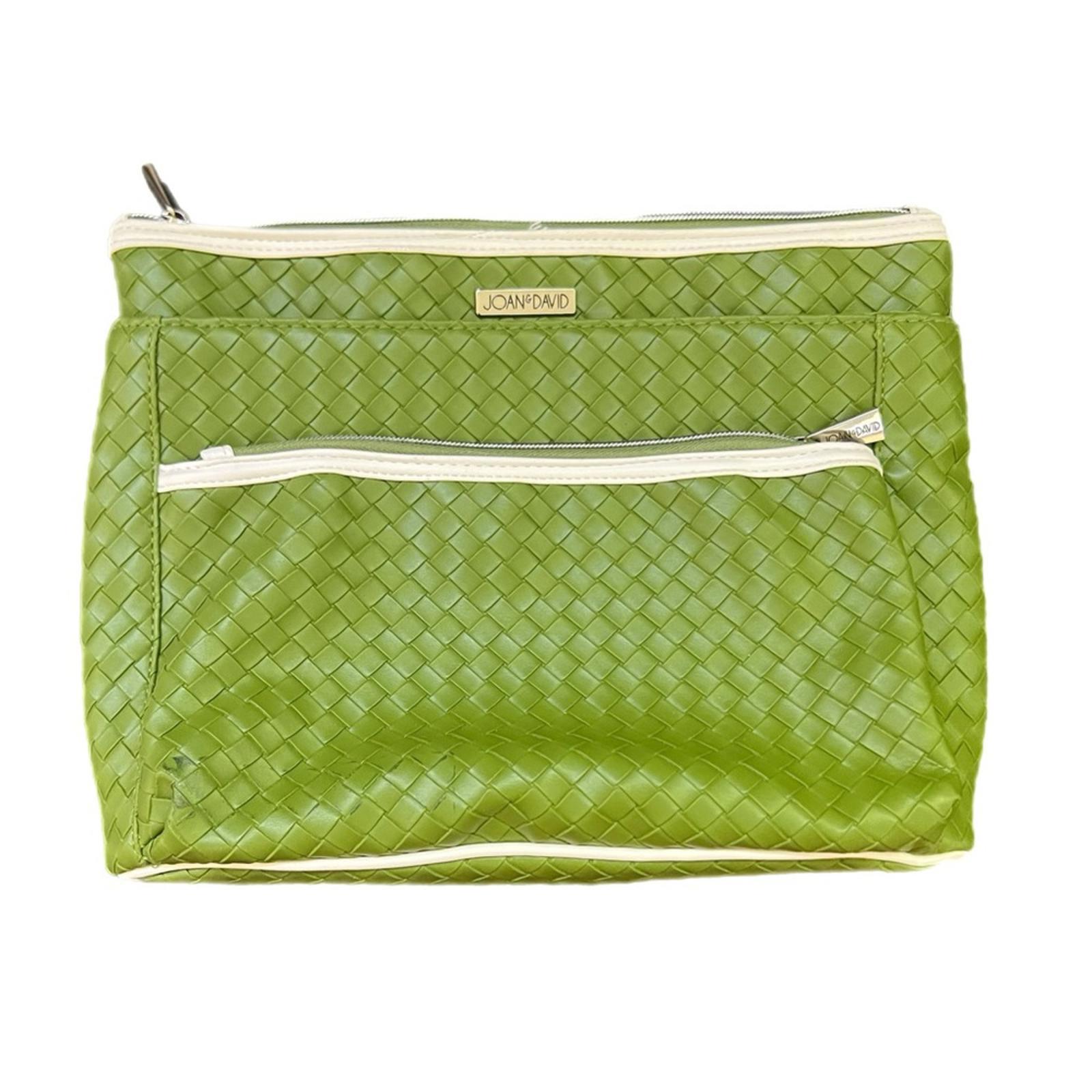 Joan  David Green Woven Leather Pouch With White Trim